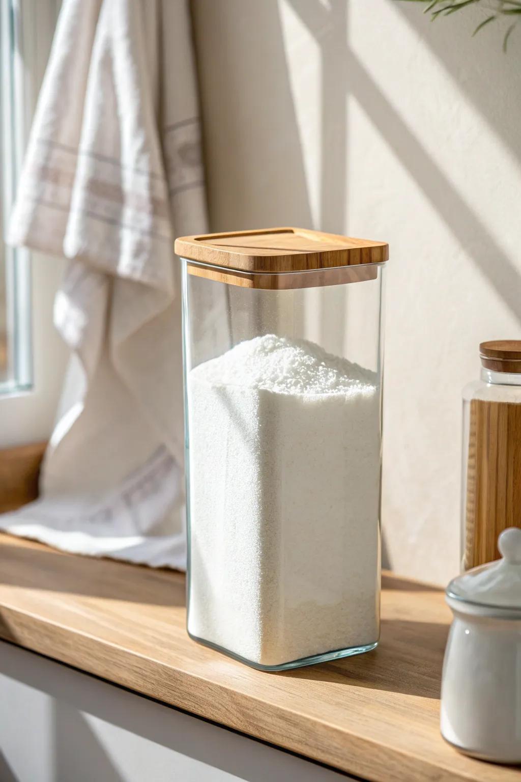 Decant flour into matching clear containers for a cleaner pantry and easy refill checks.