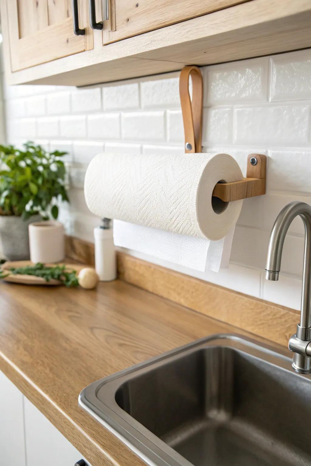 A wall-mounted holder by the sink keeps paper towels handy—without stealing drawer space.