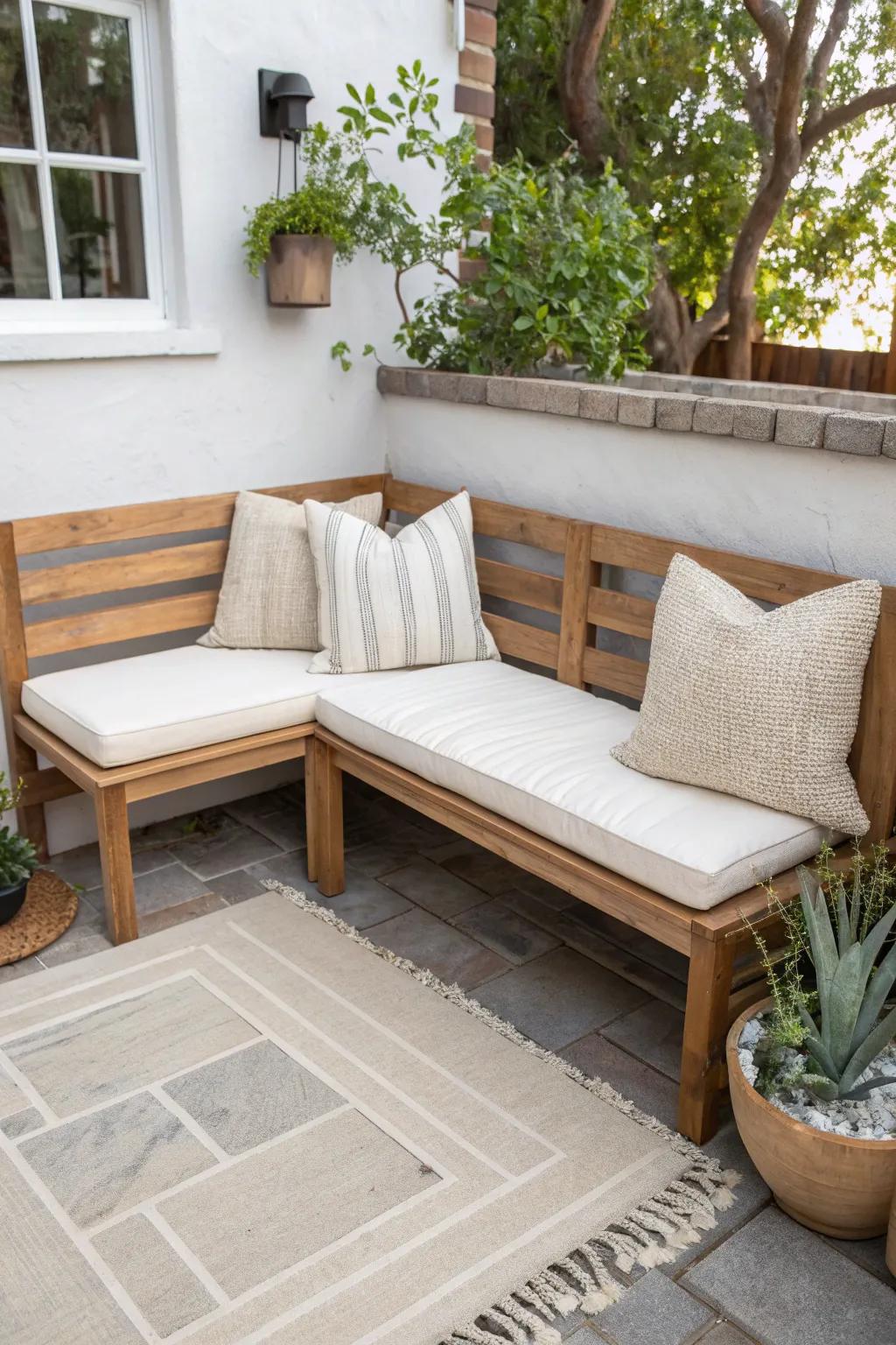 An L-shaped corner bench keeps a tiny patio open and airy—no more obstacle course.