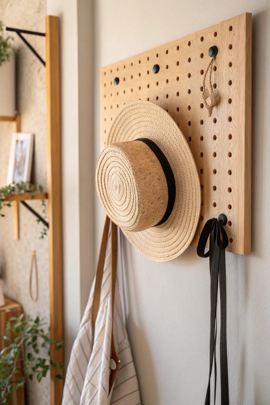 A pegboard hat hook that looks like wall art—minimal, warm, and easy to grab.