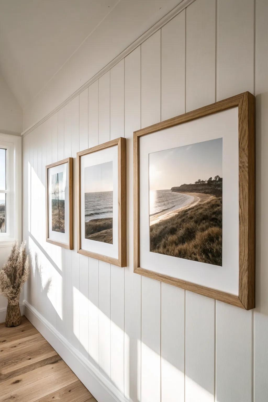 A sleek three-frame triptych brings custom gallery style to small-space walls—clean, calm, boho.