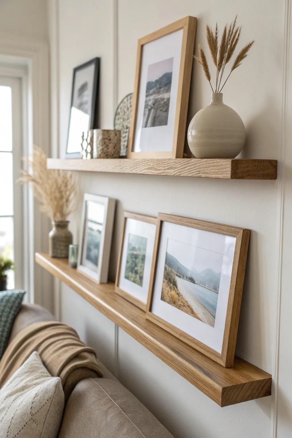 Mix portrait + landscape frames on one slim ledge for a collected look that makes walls feel taller.