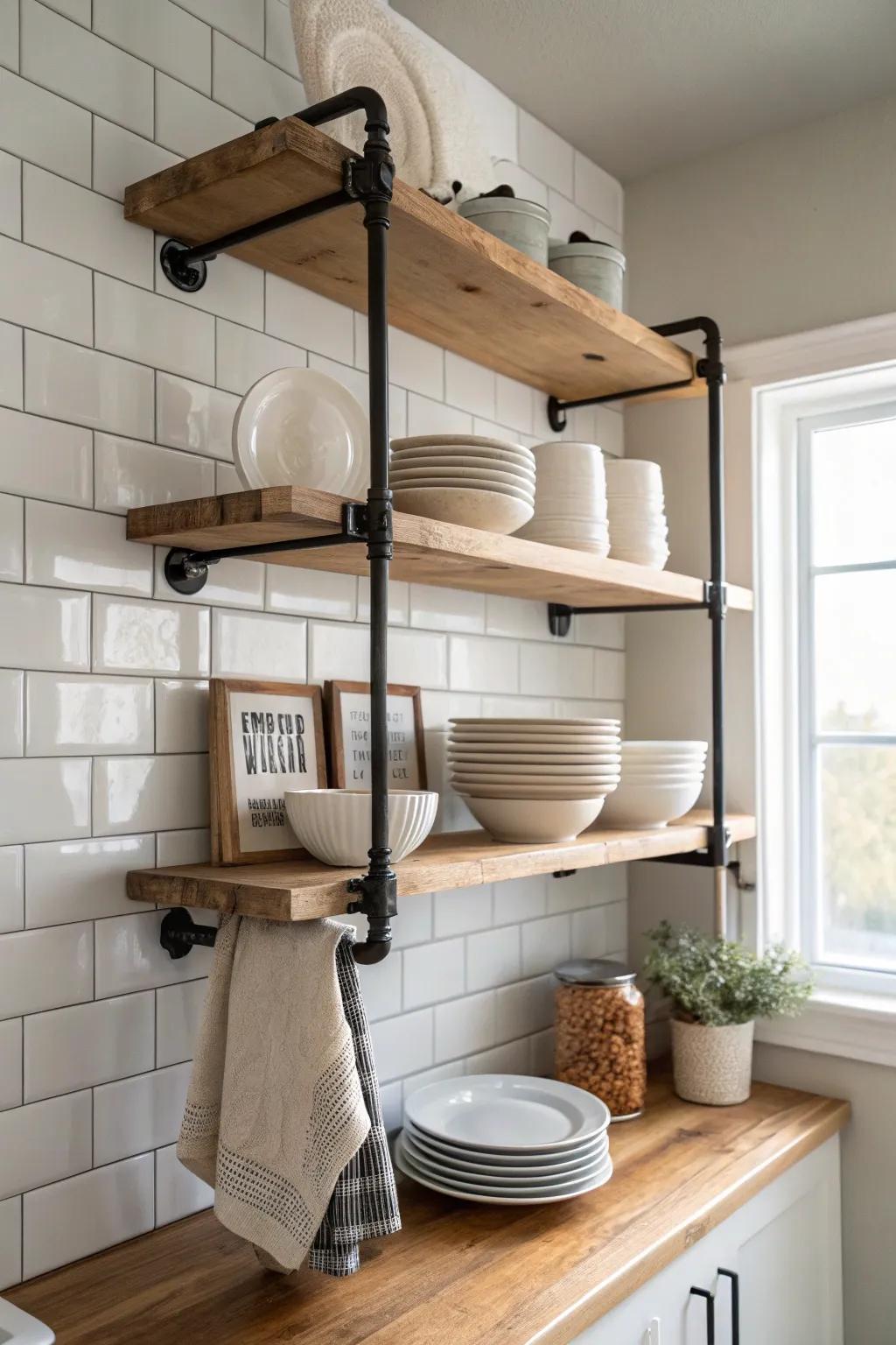 Open pipe shelving turns a small kitchen wall into airy, grab-and-go dish storage.