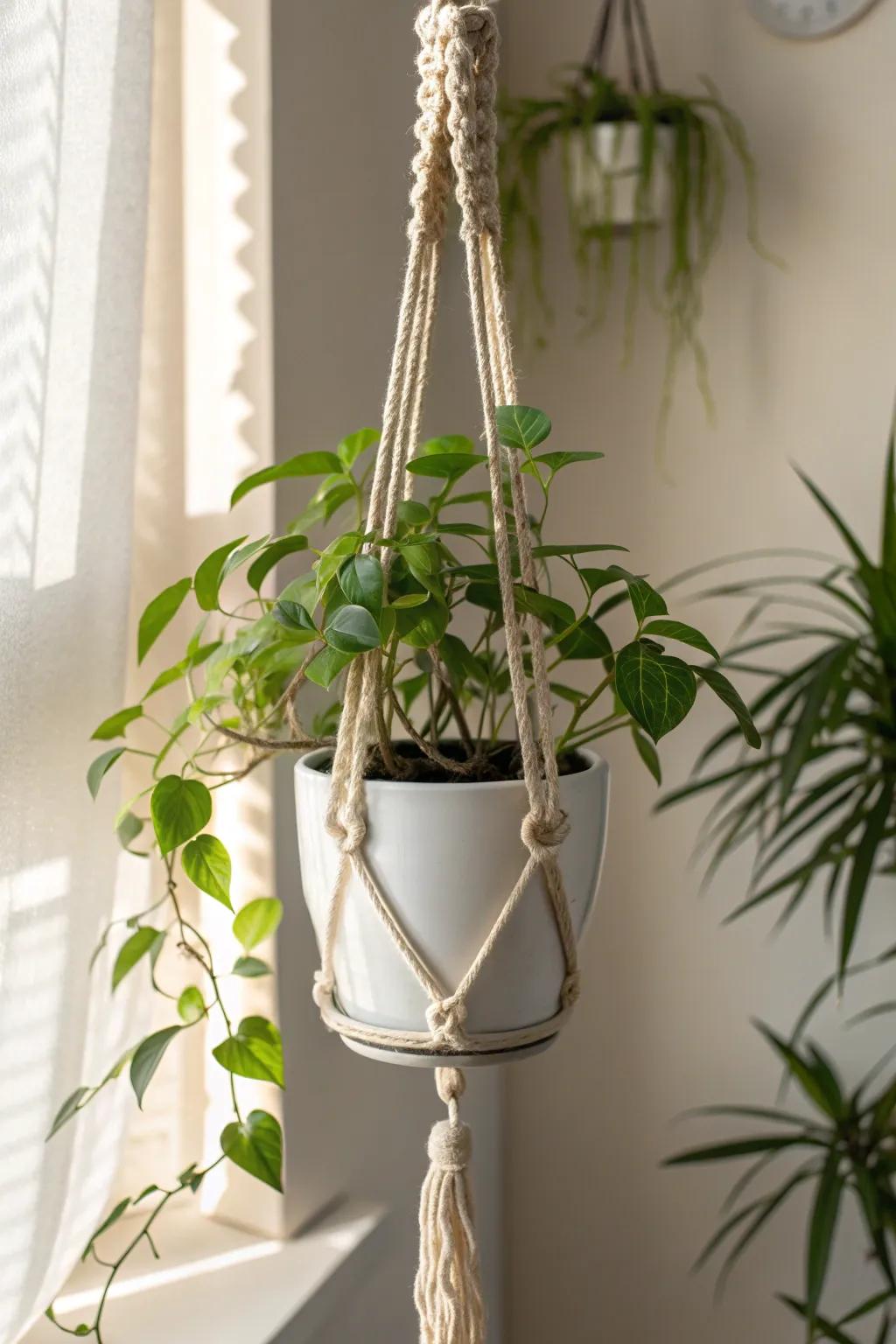 Elevate your greenery with elegant macramé plant hangers that blend simplicity and natural beauty.