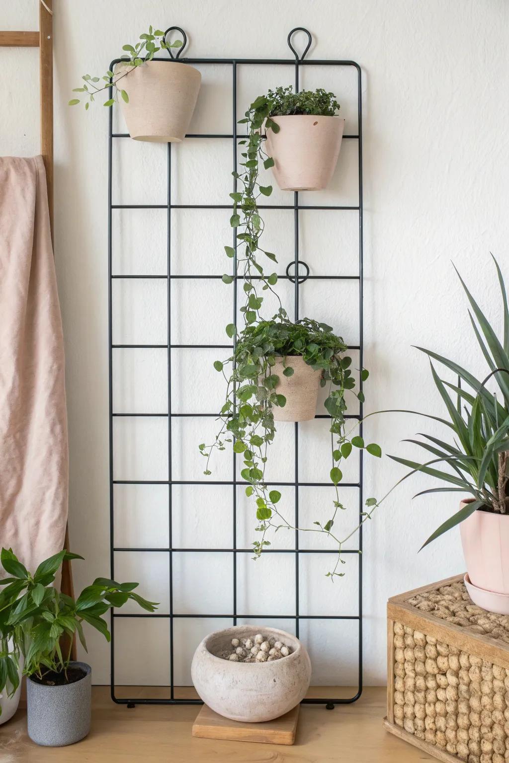 Rental-friendly grid panel plant wall—clip-on pots for a clean, flexible green display.