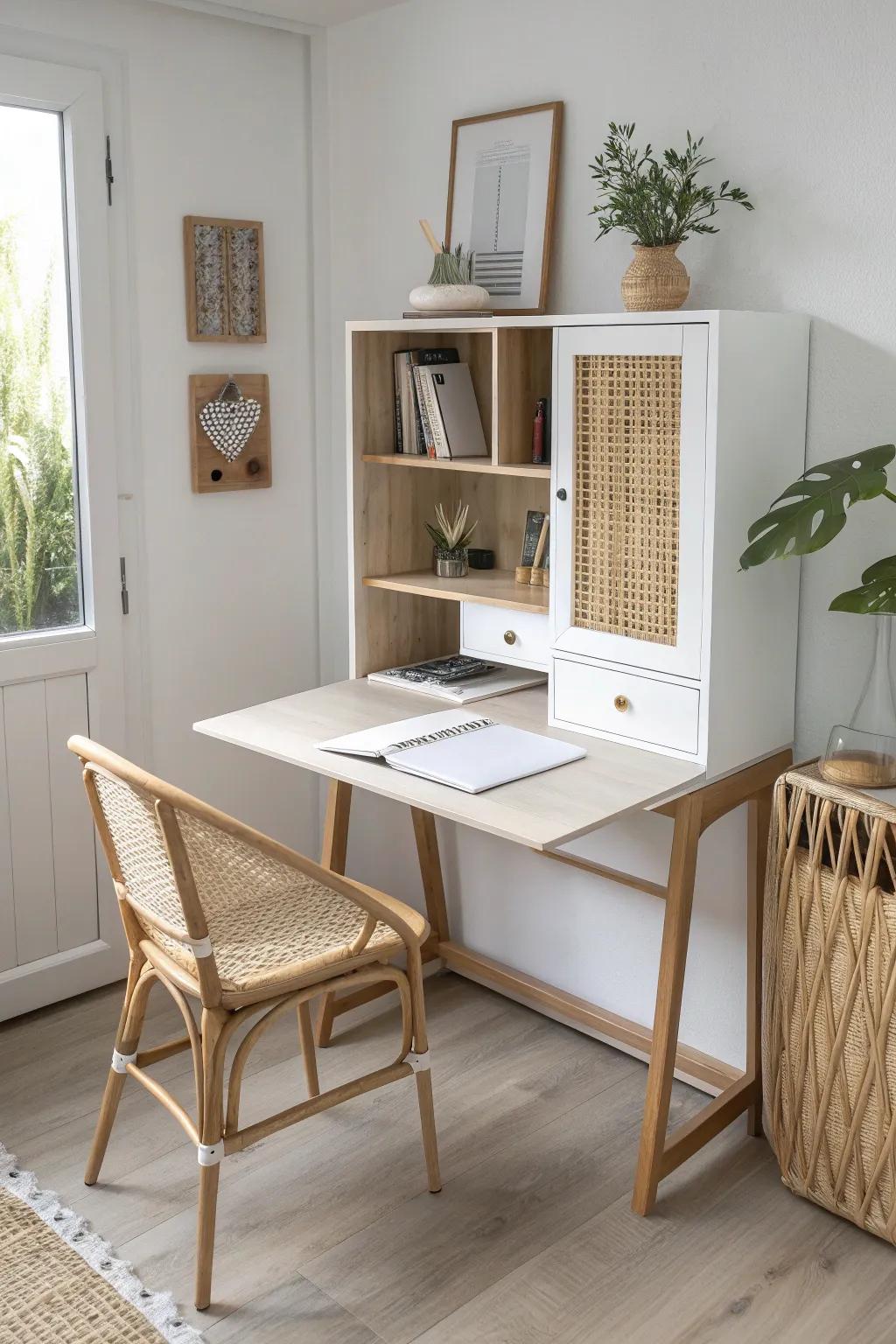 A fold‑down wall desk turns any corner into a pocket office—then folds away beautifully.