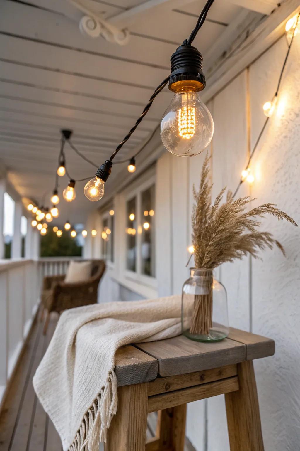 Warm bistro string lights under a porch ceiling for a cozy, outdoor living-room glow.
