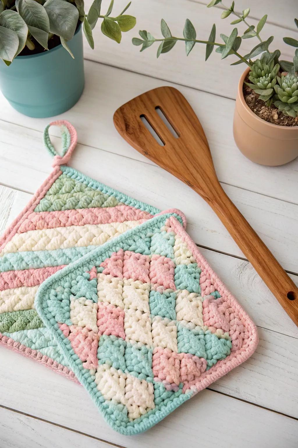 A perfect pairing: vibrant pot holder meets elegant spatula for a chic kitchen gift.