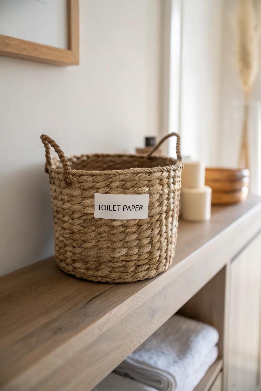 Open shelves look intentional with matching woven baskets—stylish toilet paper storage made easy.