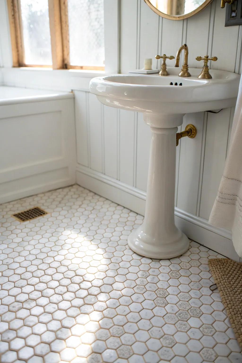 Vintage charm in a small powder room: timeless penny tile that hides dust and adds cozy texture.