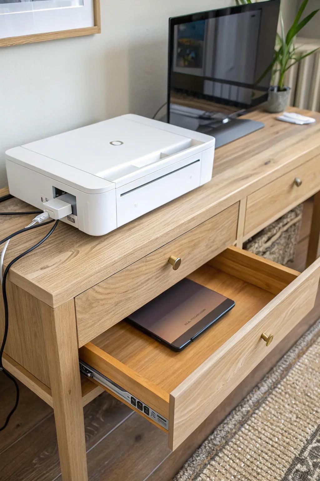 Turn a deep desk drawer into a hidden printer bay—close it and your office disappears.