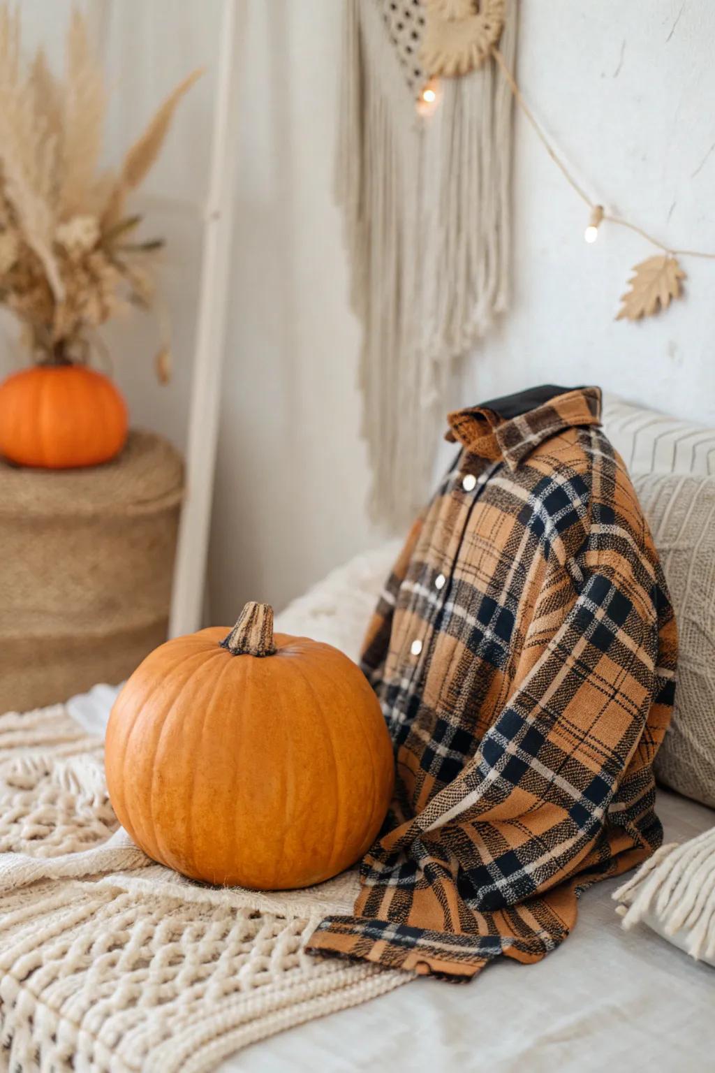 Cozy Harvest Vibes: Embrace the charm of autumn with a plaid-shirted pumpkin scarecrow.