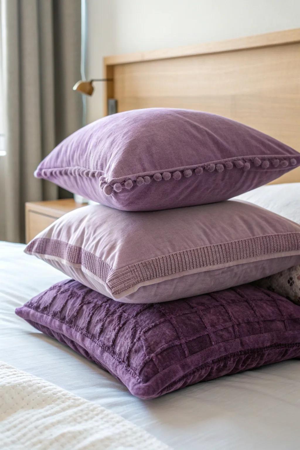 A textured purple pillow stack—linen, knit, and velvet—for a styled, cozy dorm bed.