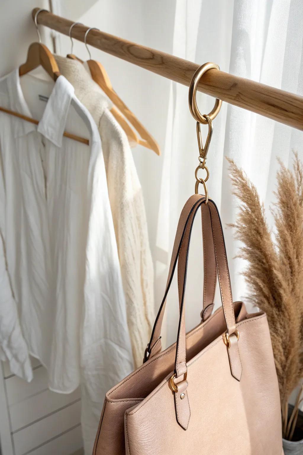 A zero-drill closet rod S-hook setup—an elegant, renter-friendly way to hang purses neatly.