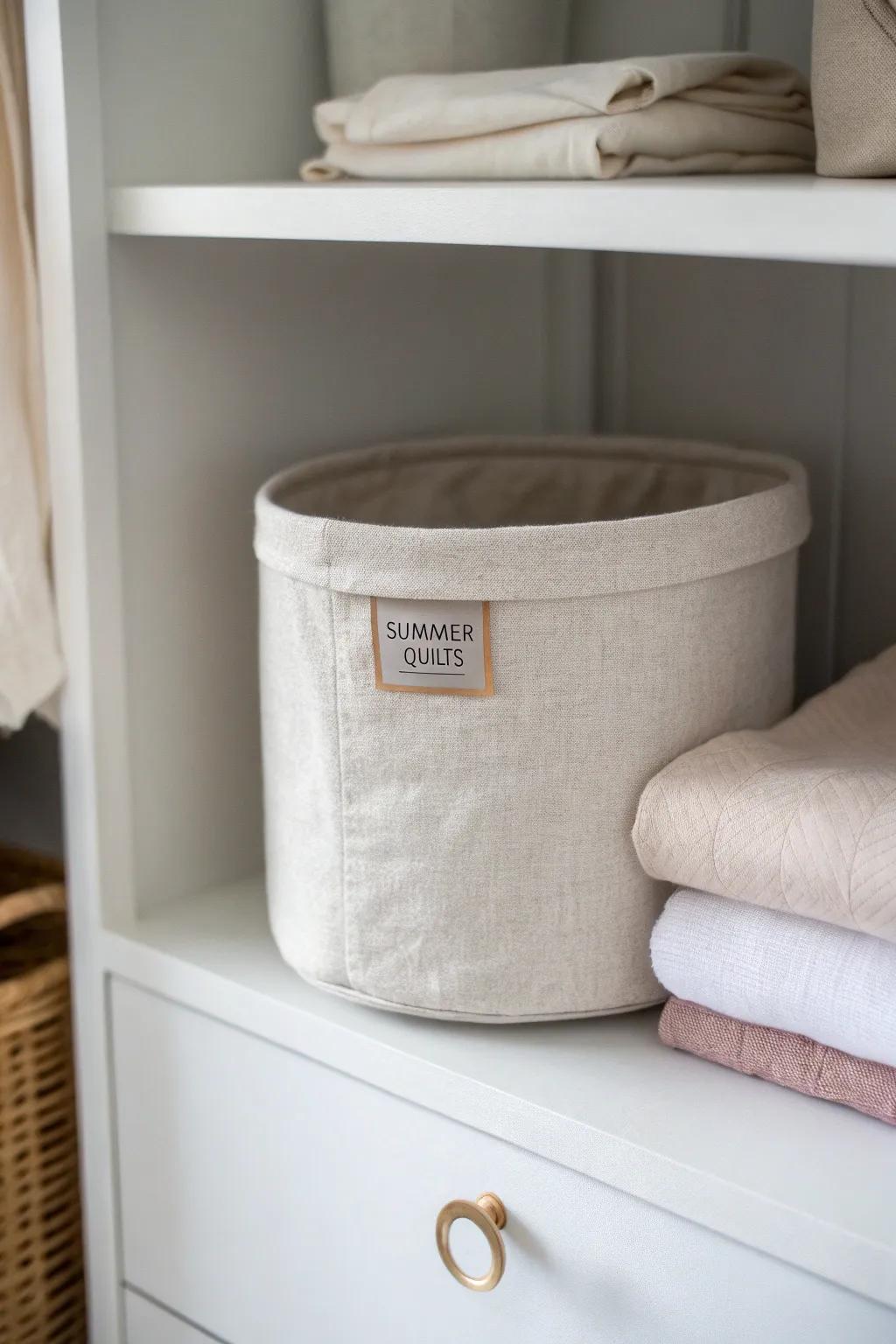 Season-sorted quilts in a labeled, breathable bin—no more “mystery textile zone” shelf.