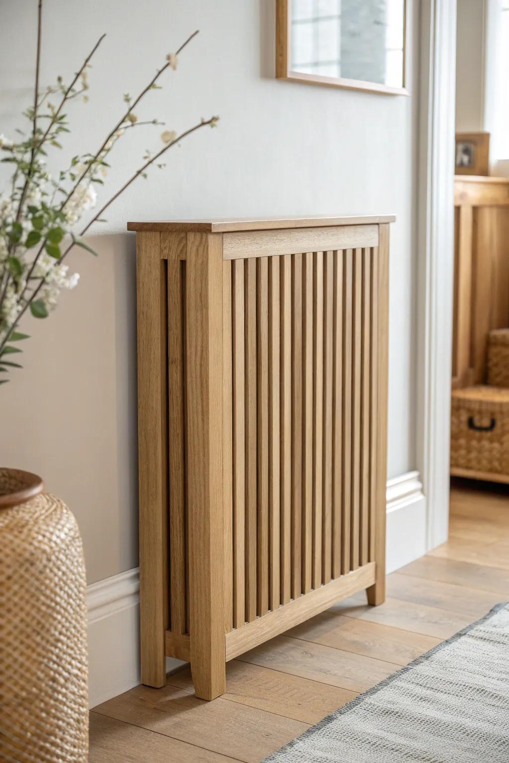 Airy vertical slat wood radiator cover—modern, minimal, and made for small-space flow.