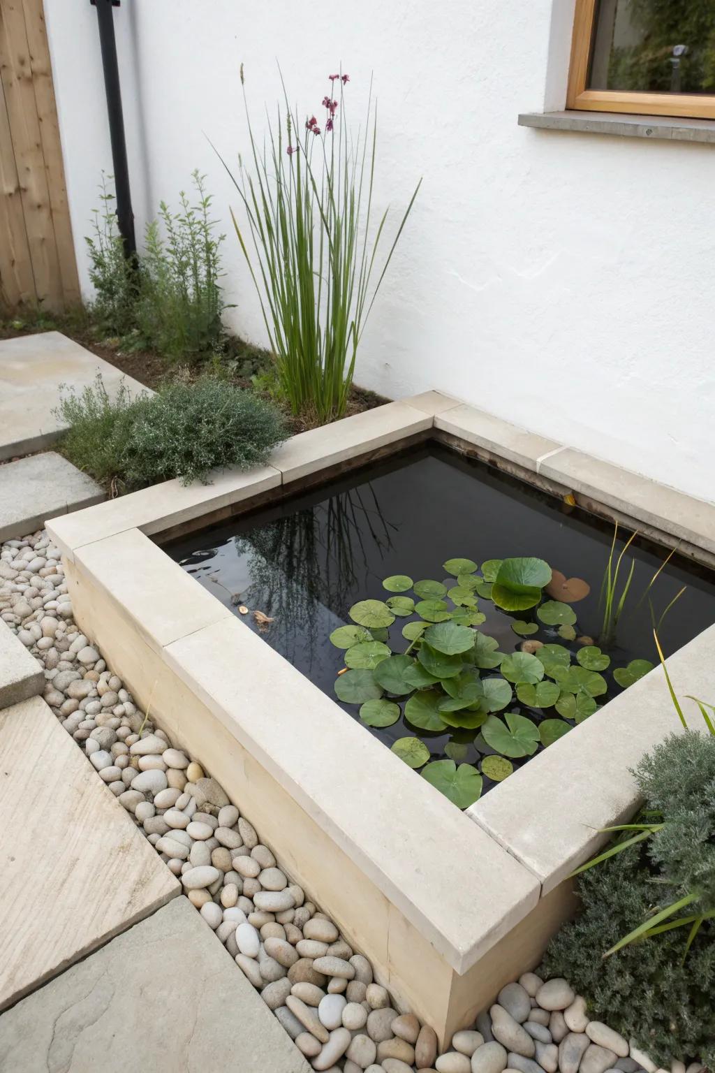 Turn that empty corner into a serene raised pond—small garden magic with aquatic greens.