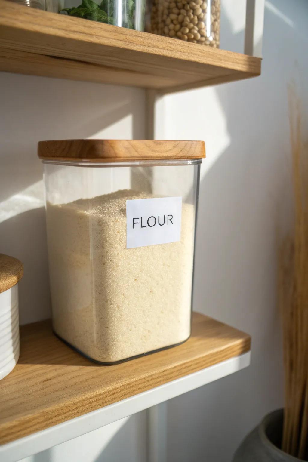 Clear canisters keep a reach‑in pantry calm—see what’s inside and stack with ease.