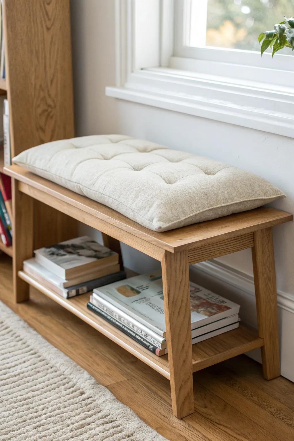 Turn a low shelf into a cozy reading bench—just add a tailored linen cushion.