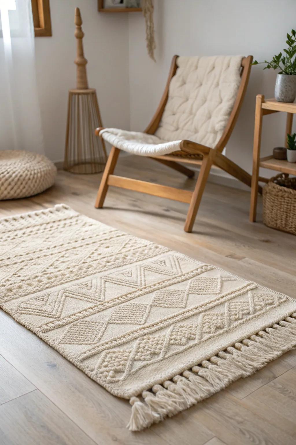 A small woven rug instantly defines your reading nook—cozy, calm, and perfectly zoned.