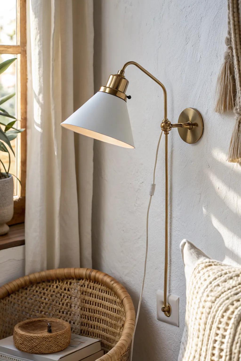 A plug-in swing-arm sconce adds cozy reading light without taking up any floor space.