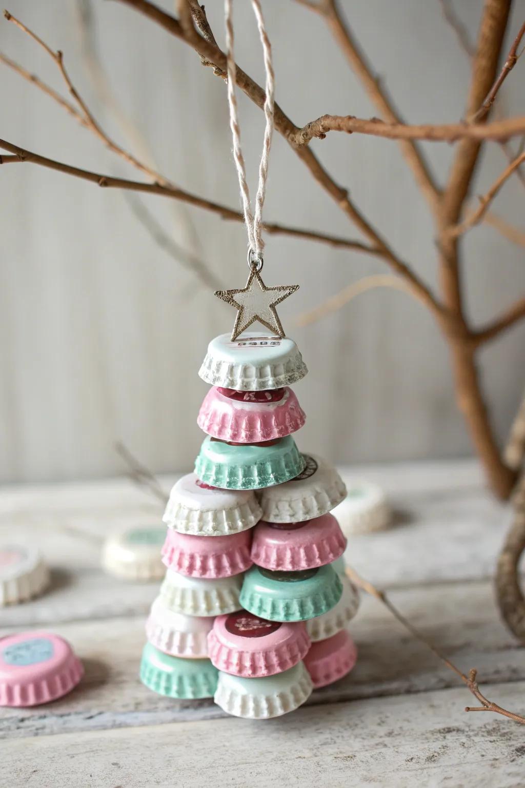 Transform nostalgia into art with these charming bottle cap Christmas trees.