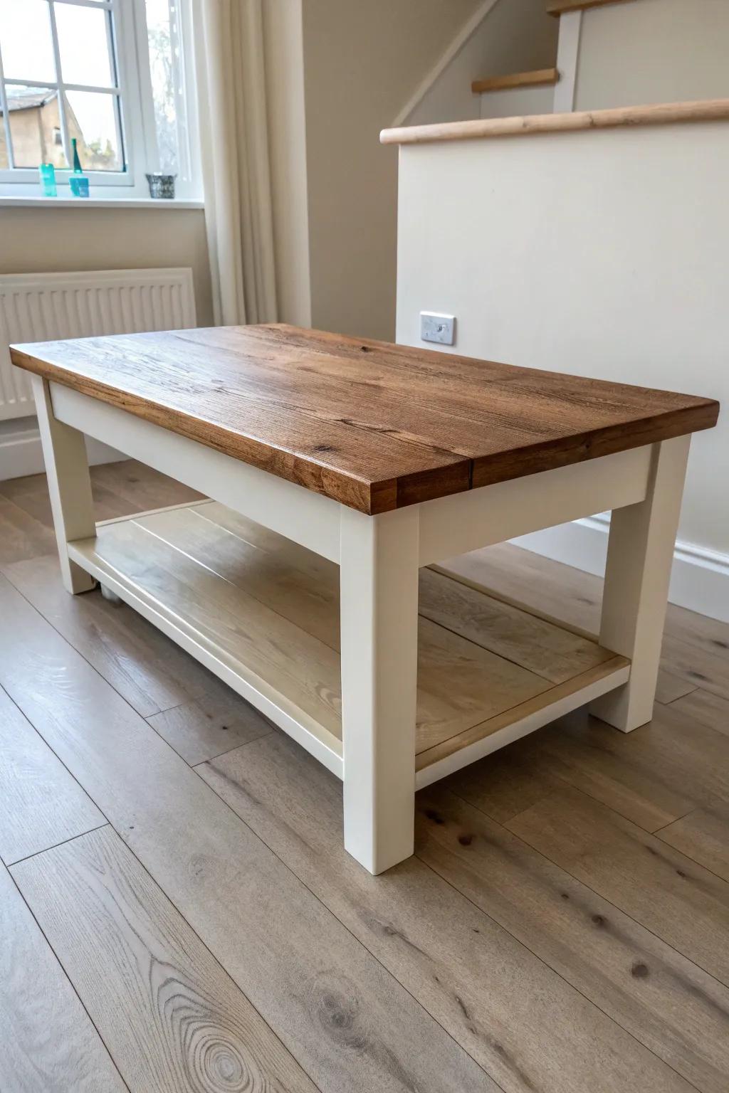 Two-tone refinish: crisp painted base + warm stained top for a modern, custom coffee table.