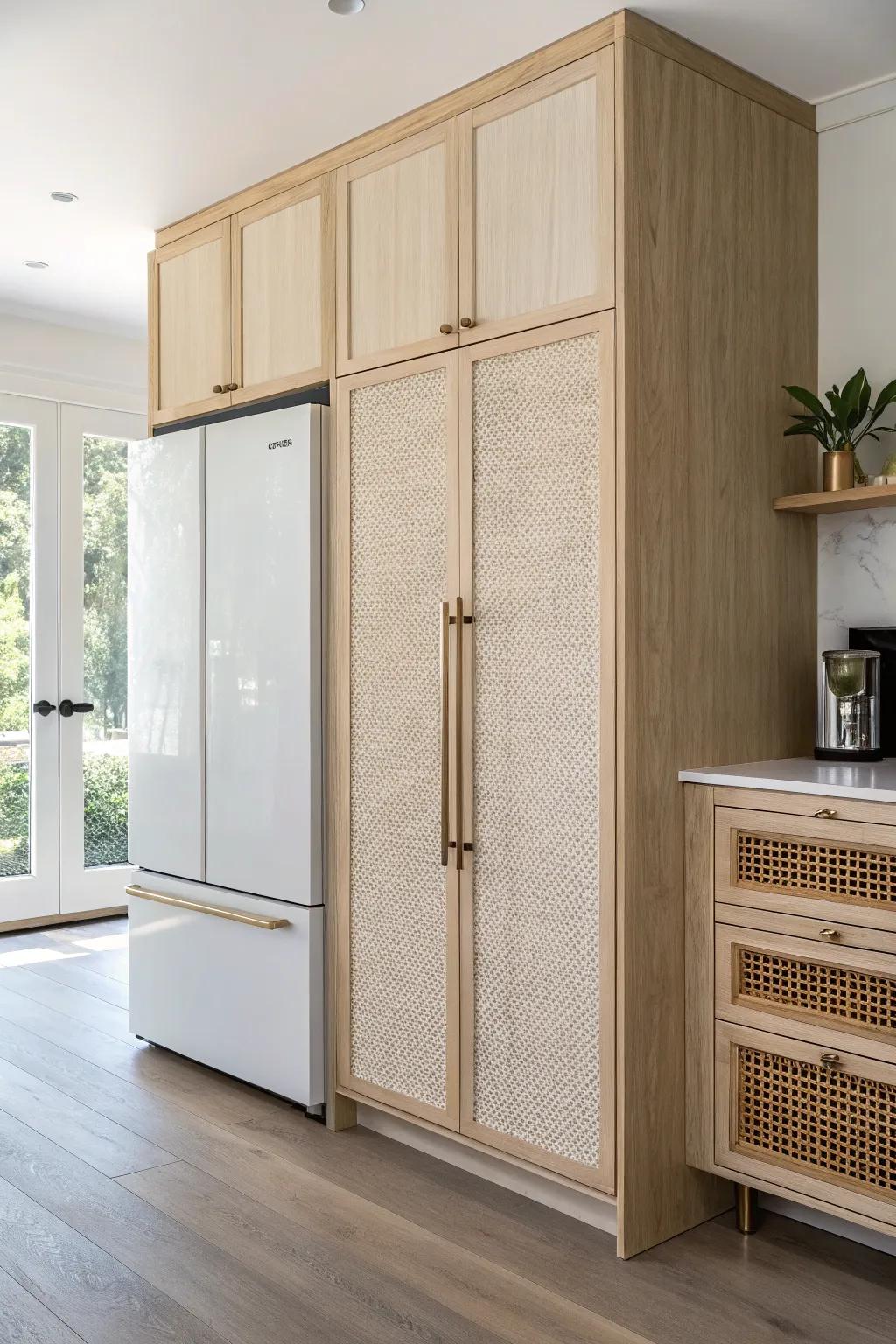 Box in the fridge with a slim oak surround so it reads like custom cabinetry.