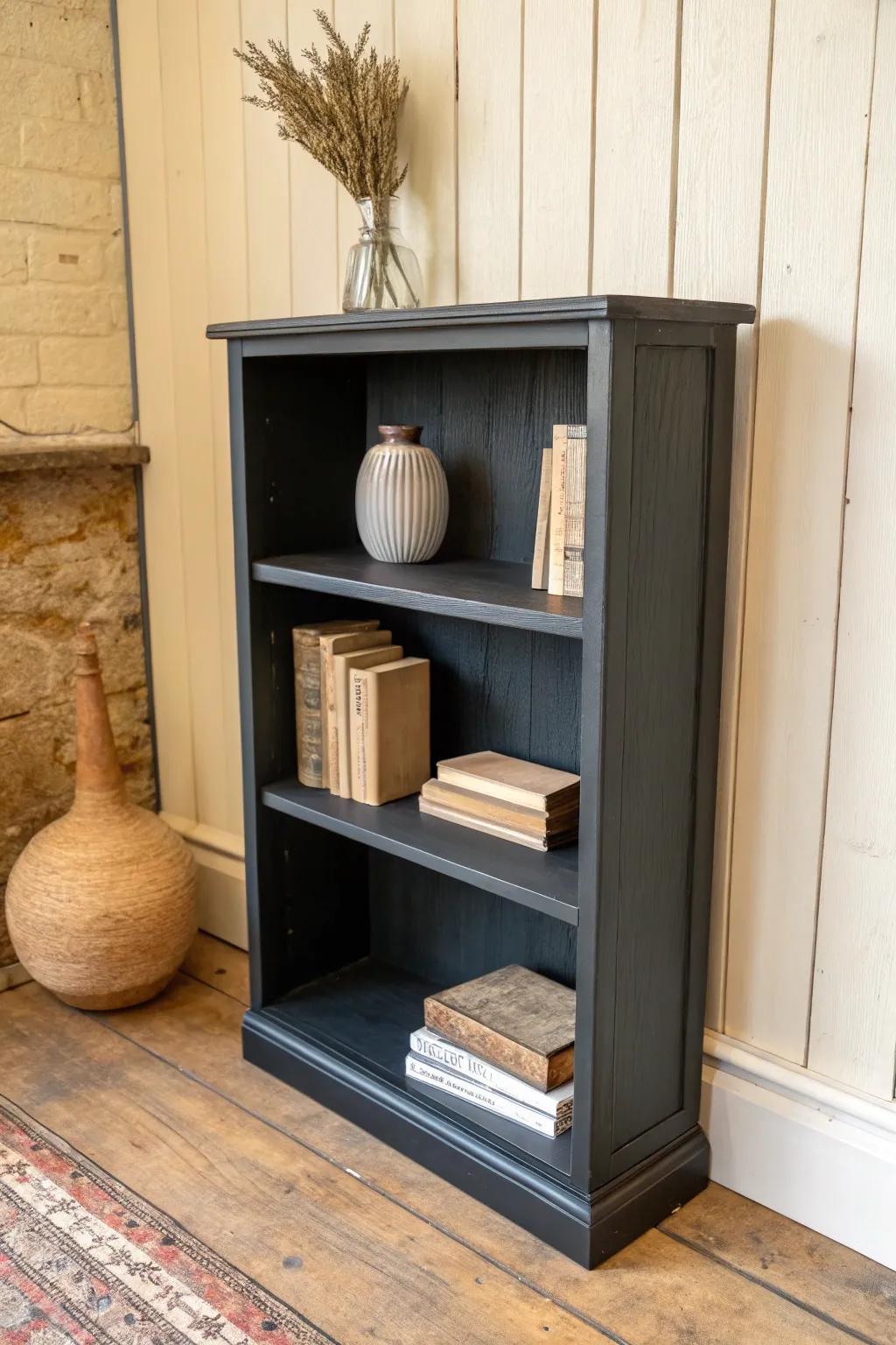 Matte-black refurbished bookshelf: instant drama and contrast that makes small rooms feel intentional.