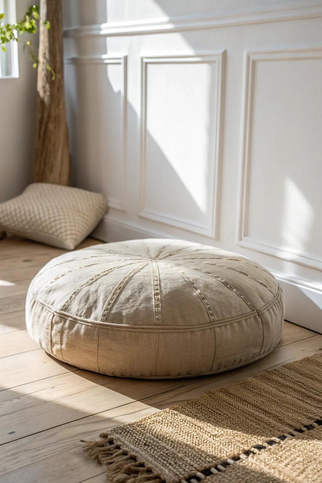 A cozy floor cushion lounge corner—minimal, soft, and perfect for quiet reading moments.