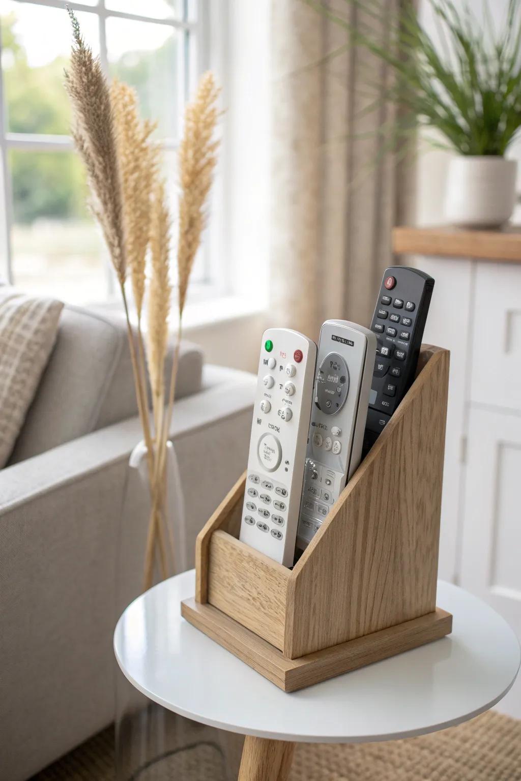 Save surface space with an upright remote holder—easy to grab, easy to put back.
