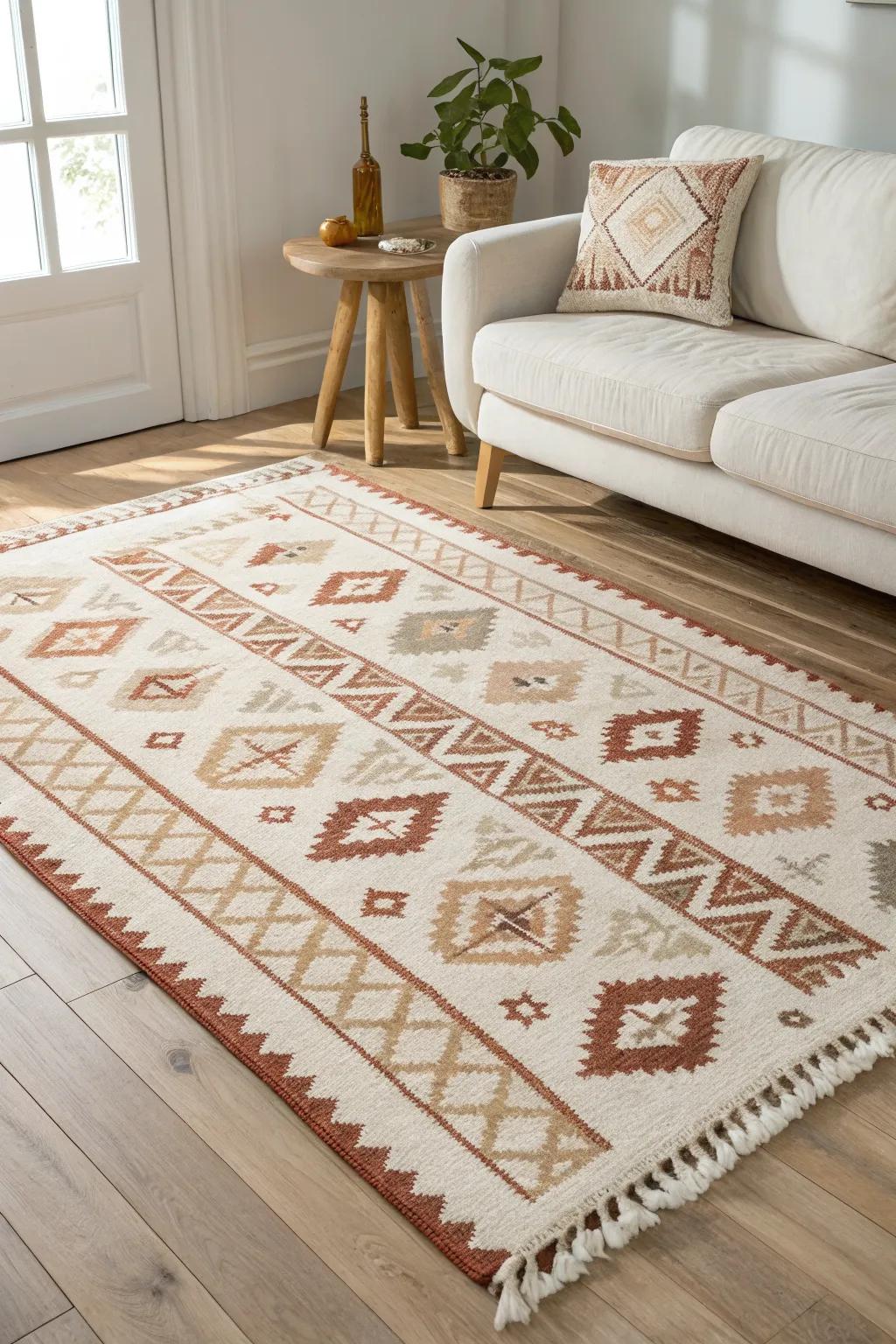 One oversized rug instantly defines a living zone—renter-friendly, cozy, and commitment-free.