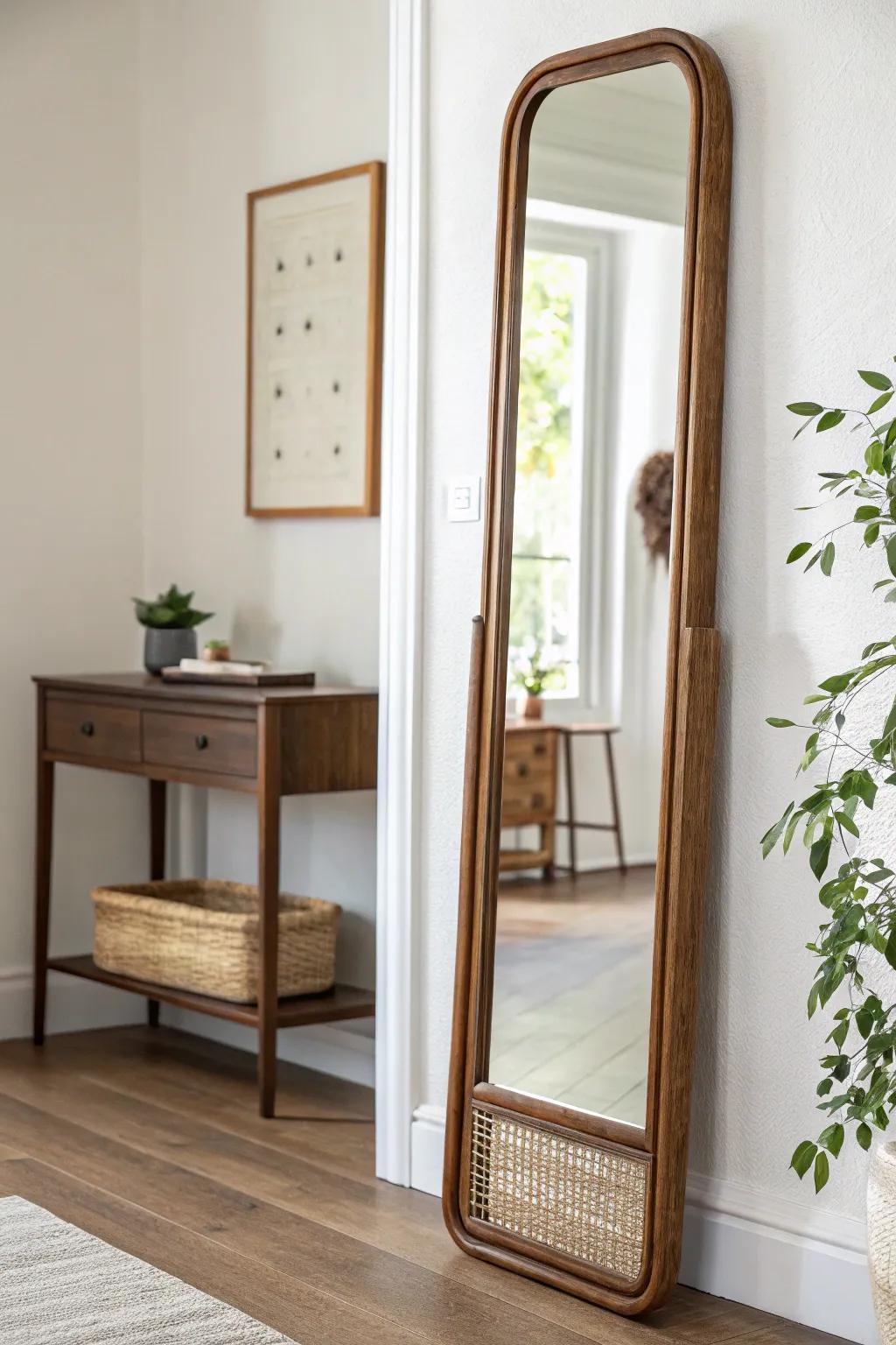 Turn a dresser mirror into a bright entryway “drop zone” with a sleek, space-saving look.