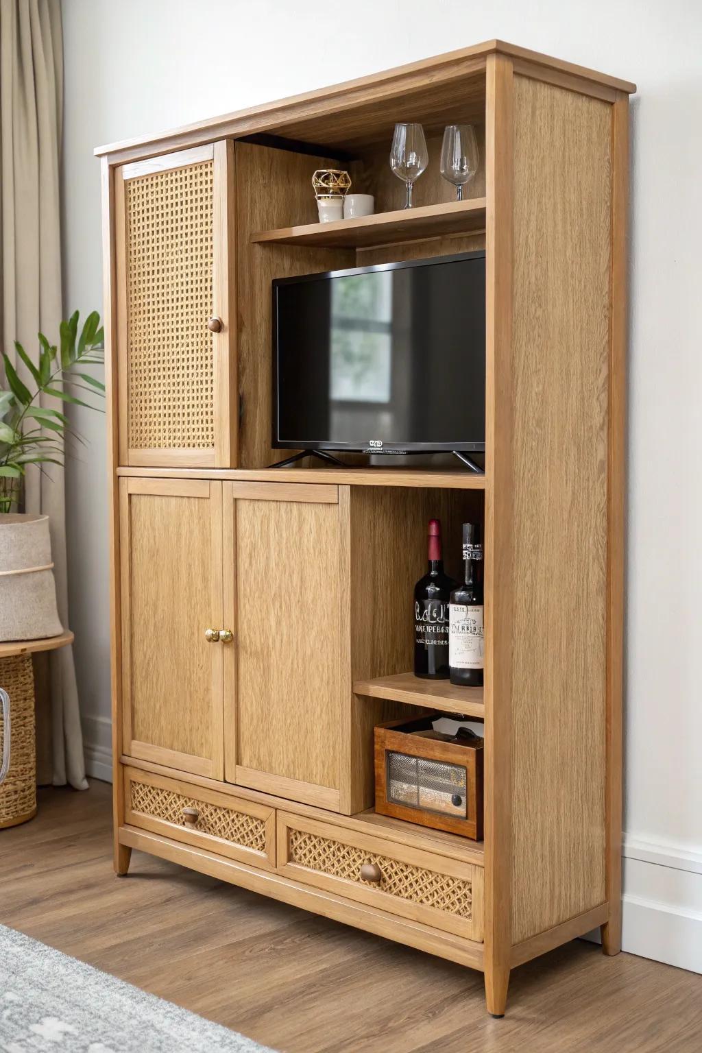 Old entertainment center, new chic bar—glassware shelves and bottles neatly tucked in.