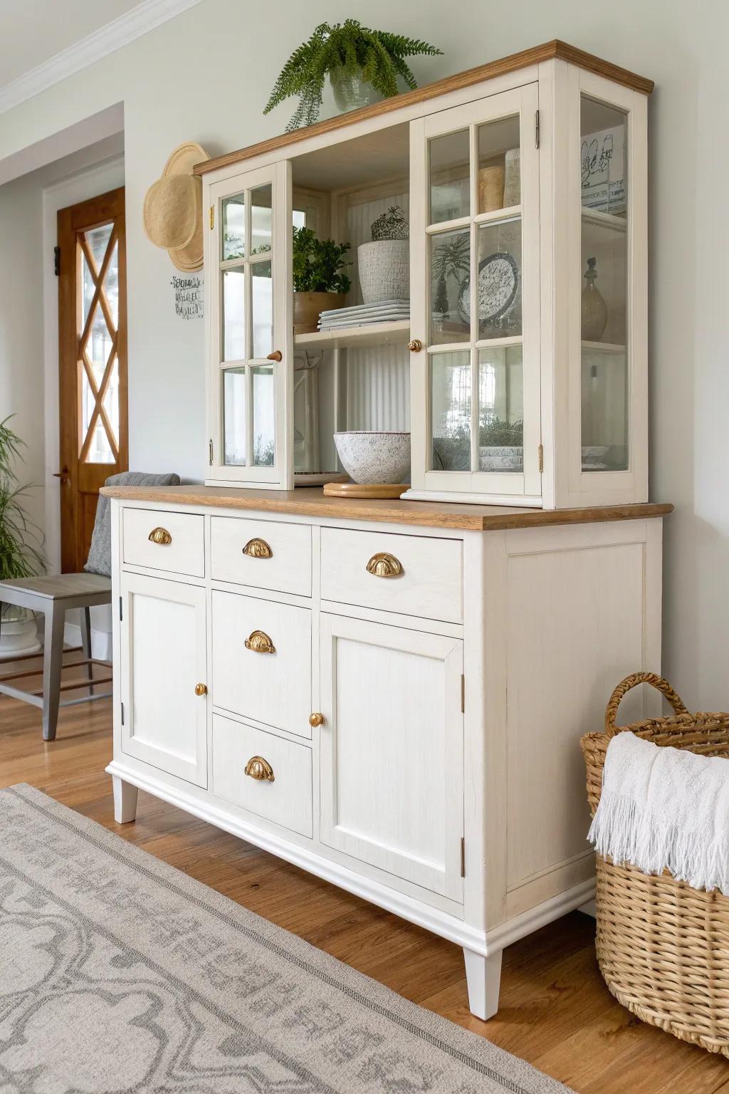 Repurposed china cabinet base as a chic buffet—fresh paint and simple pulls make it custom.