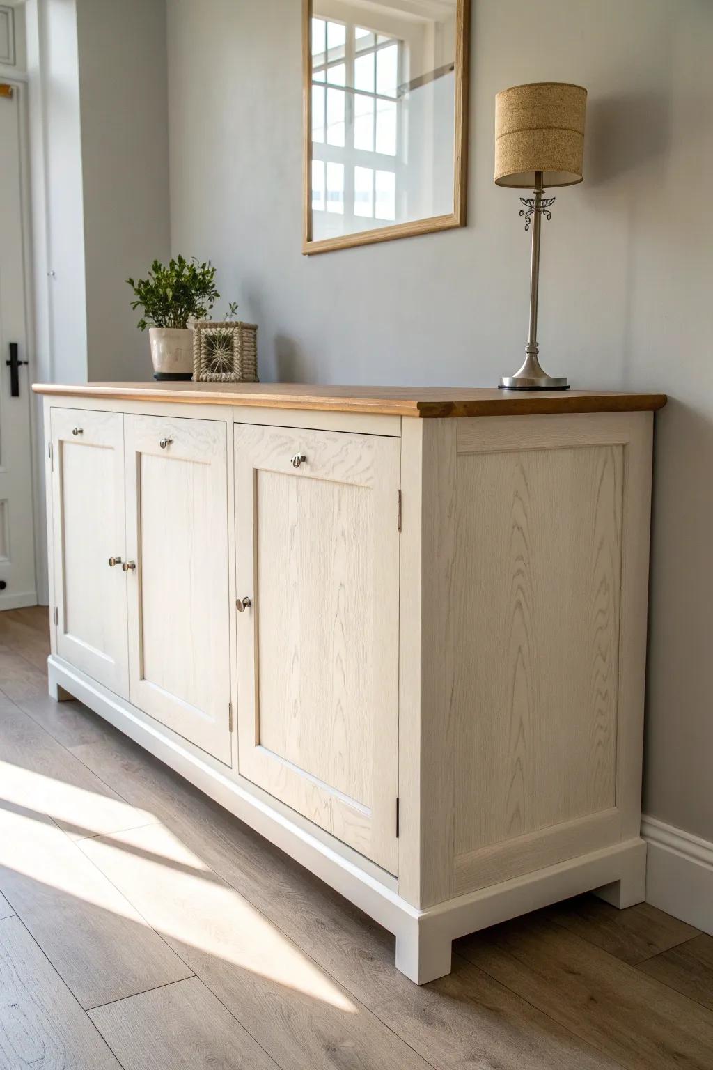 Two base cabinets become a slim buffet sideboard—warm oak top, hidden storage, small-space ready.