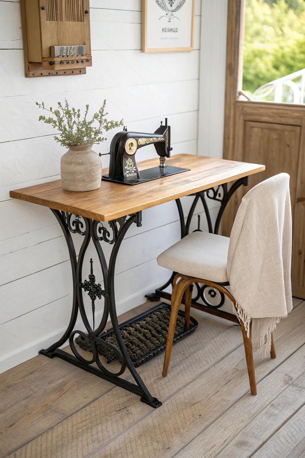 Small-space writing desk idea: old sewing machine base + smooth wood top for a chic setup.