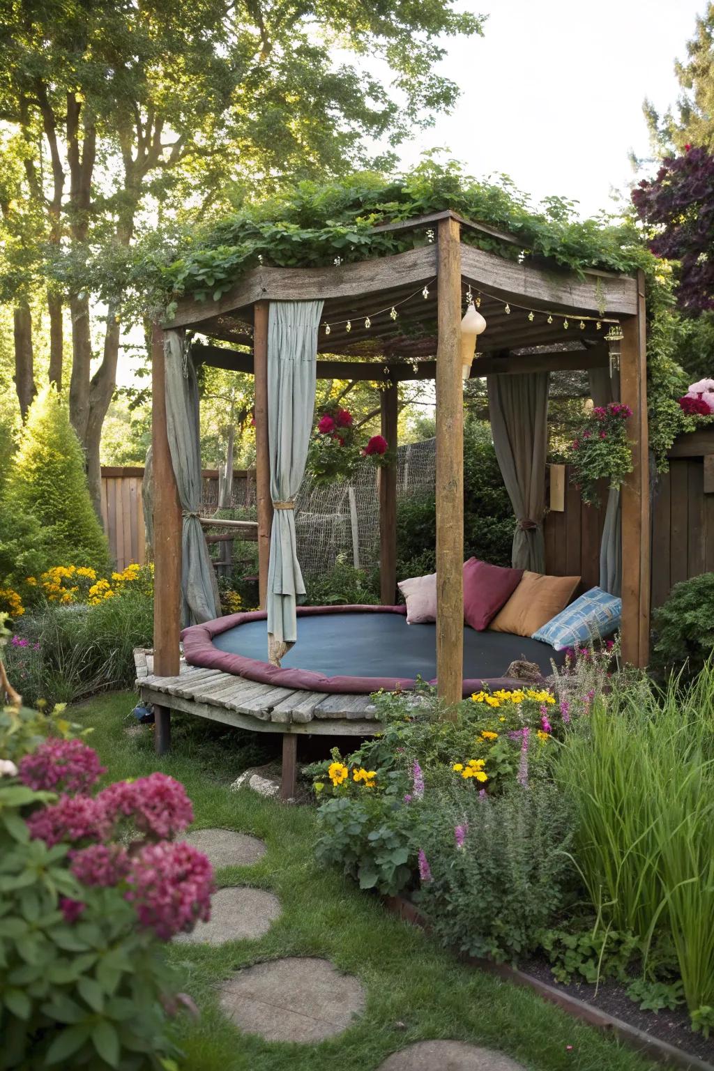 Step into your own secret garden oasis with this repurposed trampoline gazebo.