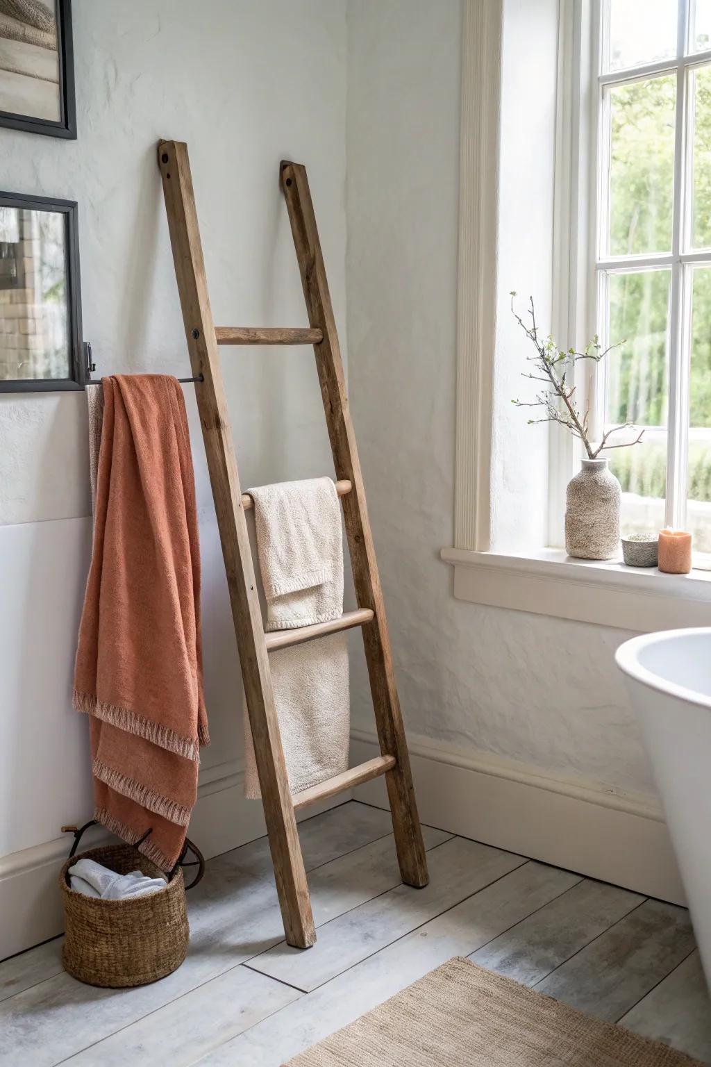 Old wooden ladder turned vertical towel rack—beautiful, space-saving storage for small baths.
