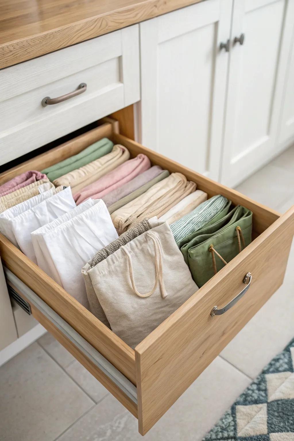 Store reusable bags upright like files—see every option instantly and prevent drawer avalanches.