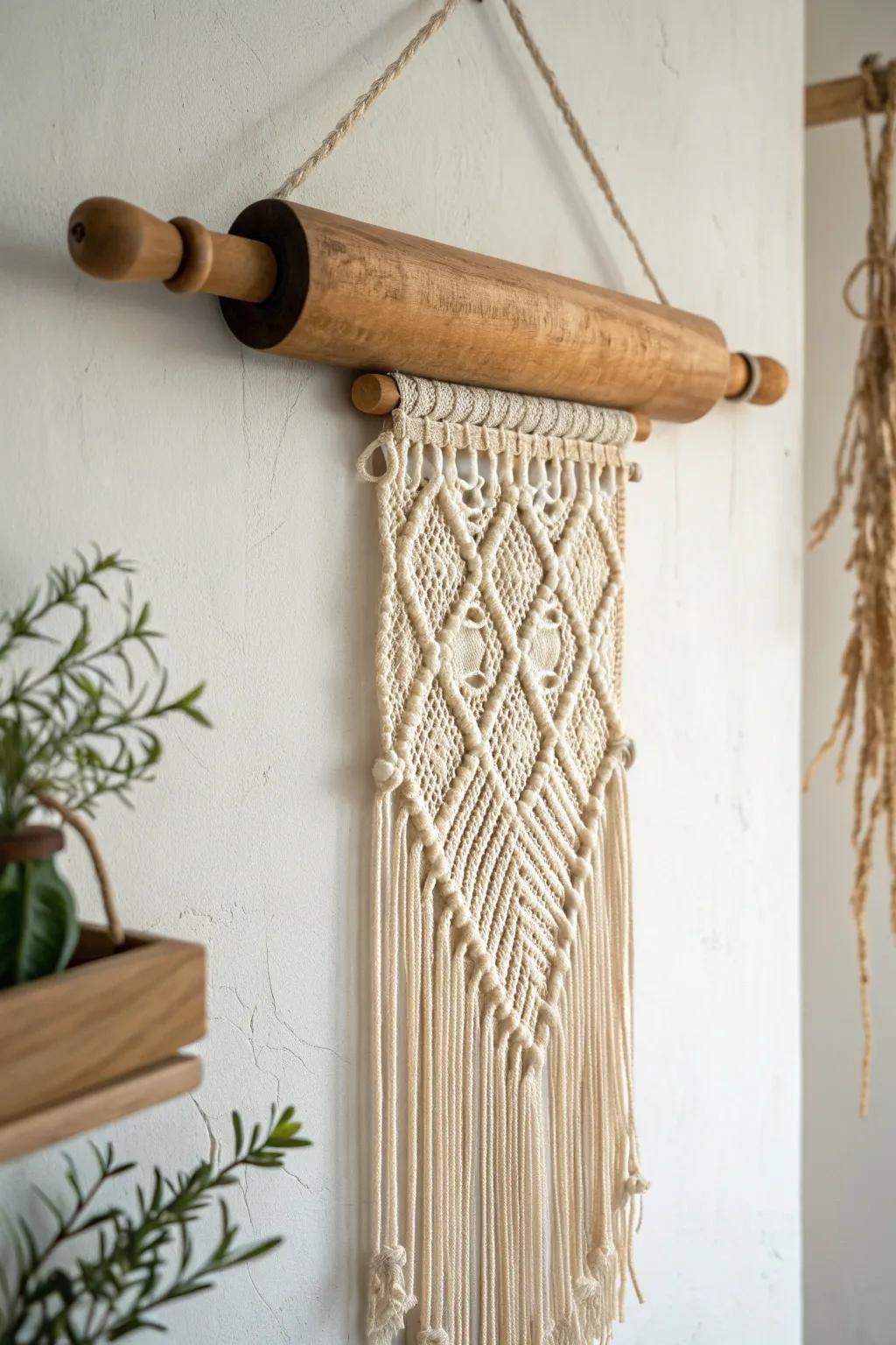 Transform your walls with rustic charm: Rolling pin meets macrame in perfect harmony.