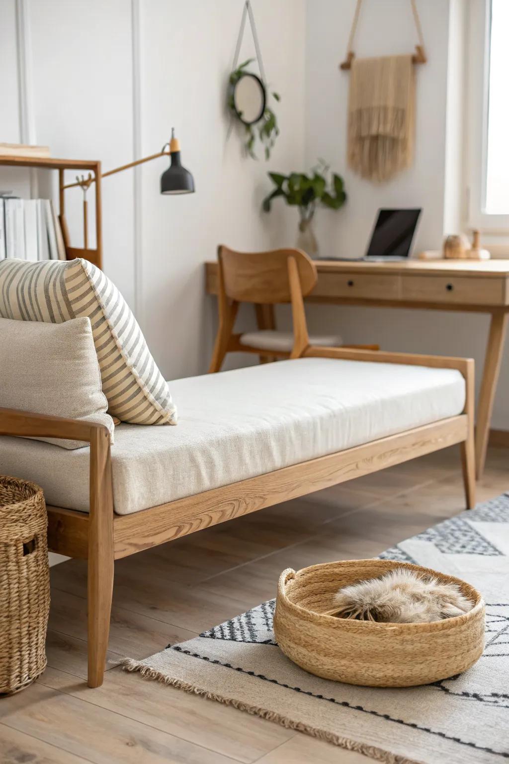 A sleek daybed turns a tiny home office into a calm lounge—guest-ready with a simple basket.