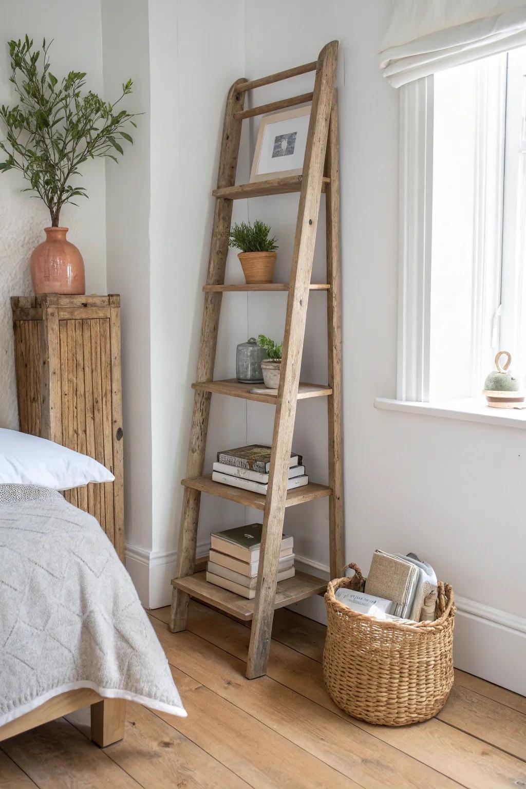 A freestanding rustic corner ladder shelf for rental-friendly height and effortless styling.