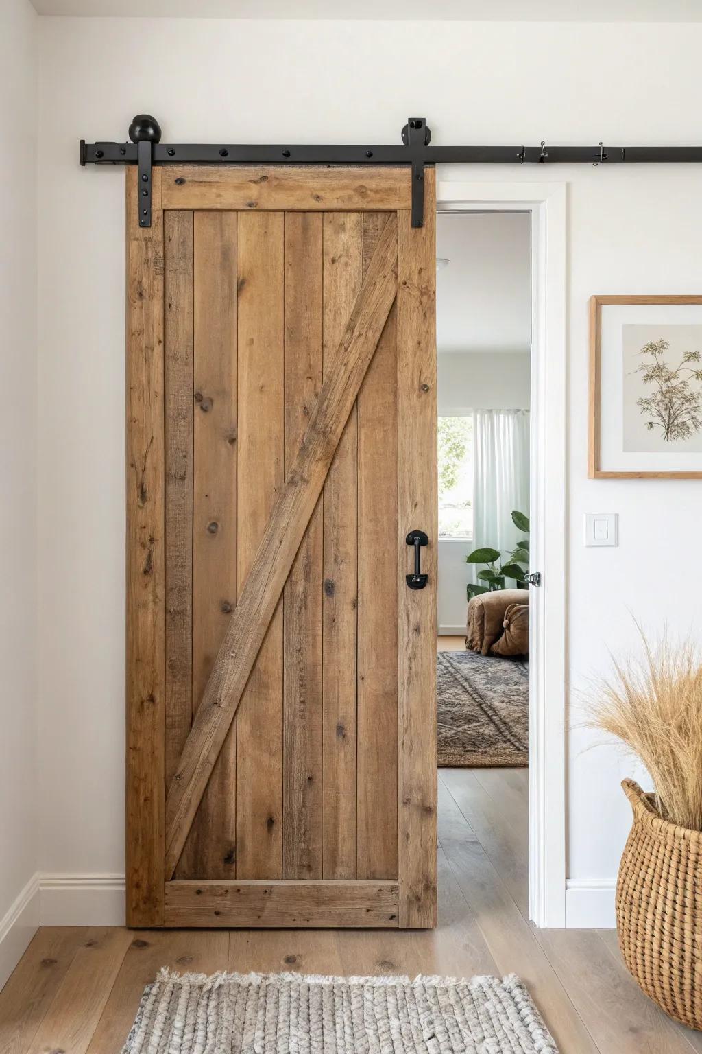 A weathered sliding barn door divider that adds rustic charm without stealing space.