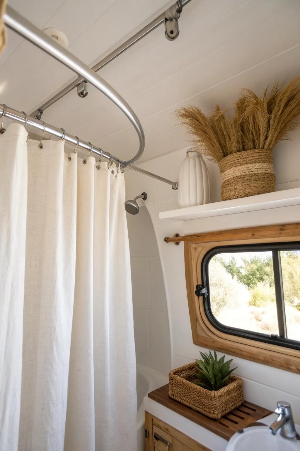 Curved curtain track wraps the RV tub for full splash control—minimal, bright, and space-smart.