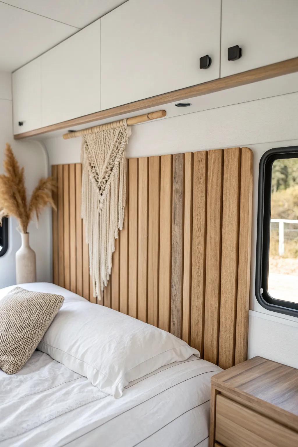 A thin slatted headboard wall adds cozy built-in style to your RV bed—no bulk required.
