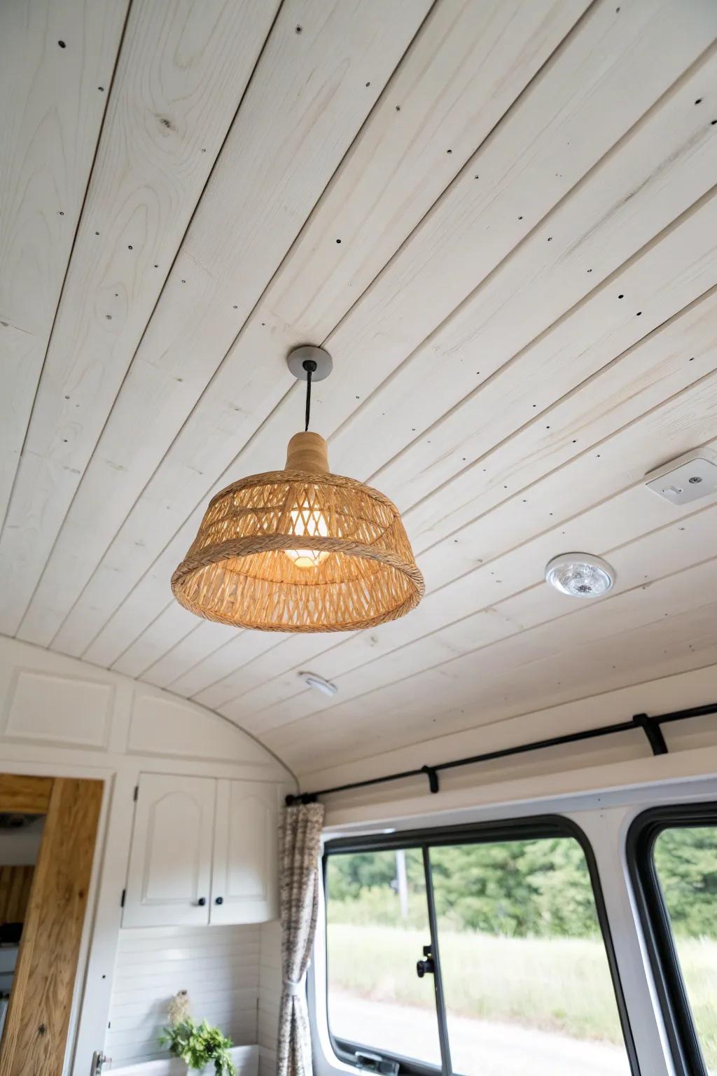 White shiplap-style RV ceiling + woven pendant light—cozy cottage charm in a tiny space.
