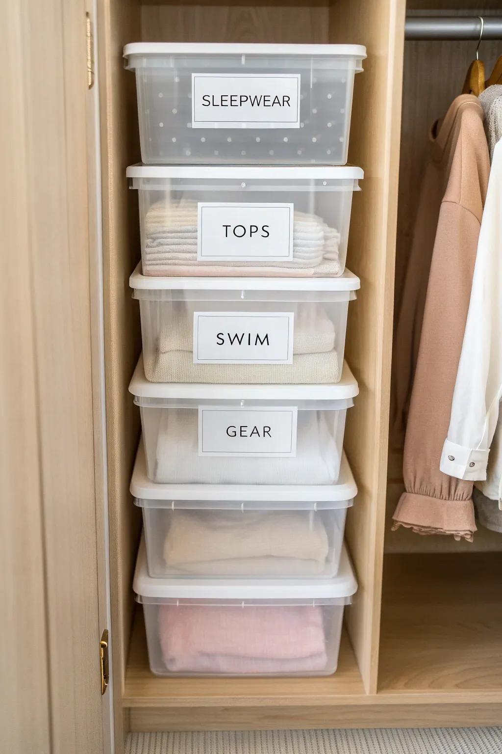 Stackable clear bins keep an RV closet tidy—one category per bin for easy grab-and-go.