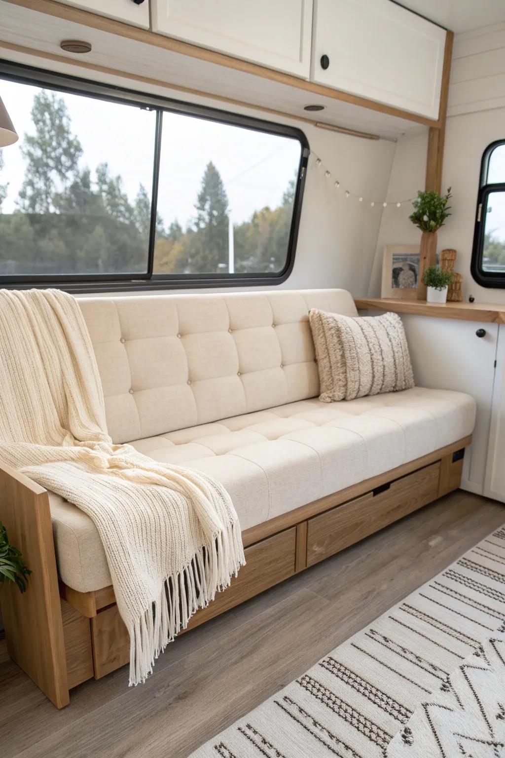 Minimal futon-style RV couch: clean lines by day, cozy nap-ready bed in seconds.