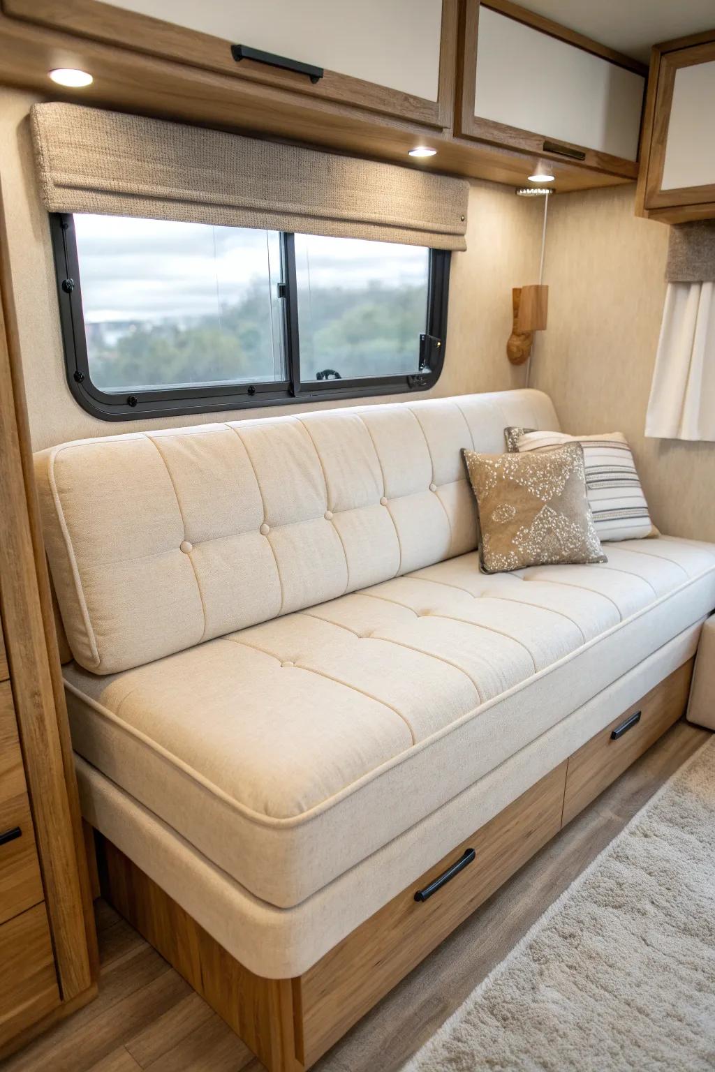 A tri-fold sleeper sofa brings a real bed feel to your RV—without bulky fold-out hassles.